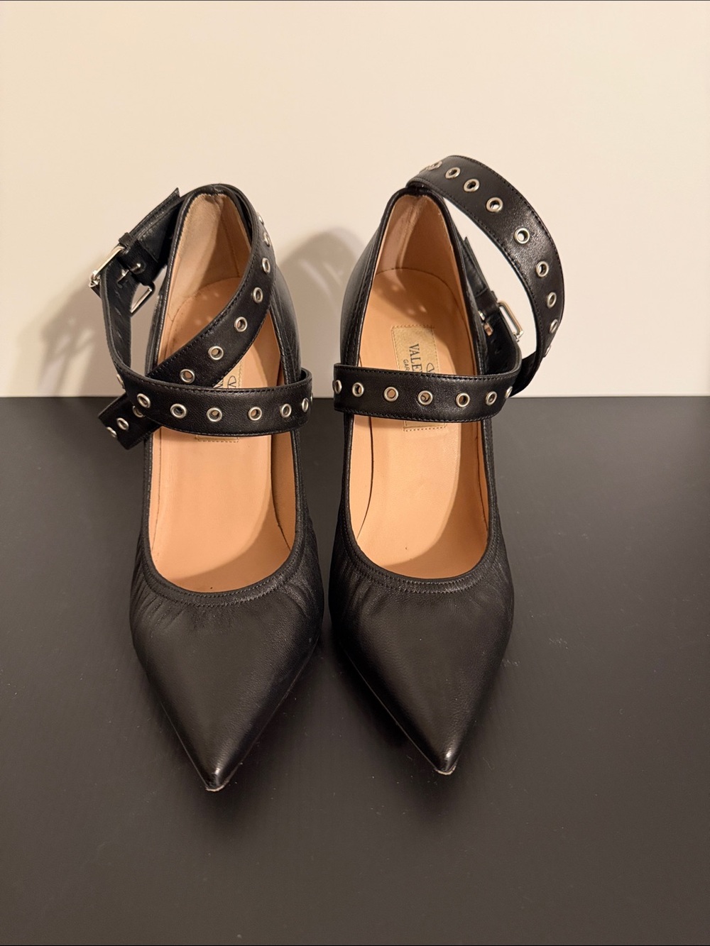 Valentino Garavani Black Pointed Leather Ankle-Strap Pumps